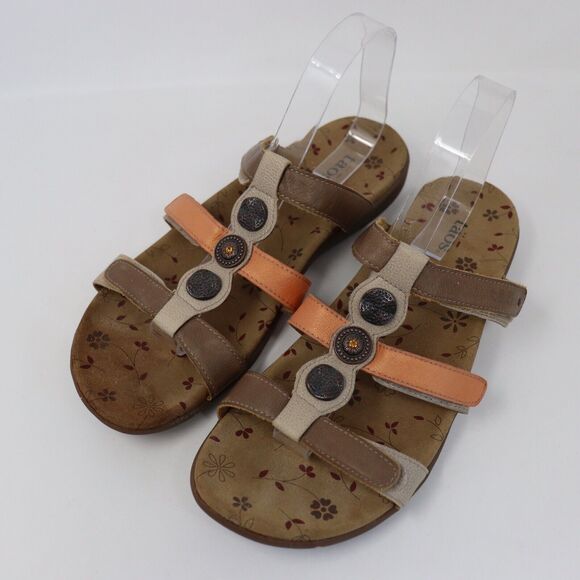 Taos Prize 2 Sandals Womens 10 Brown Leather Straps Medallion Wedge Cork Comfort - Picture 1 of 6
